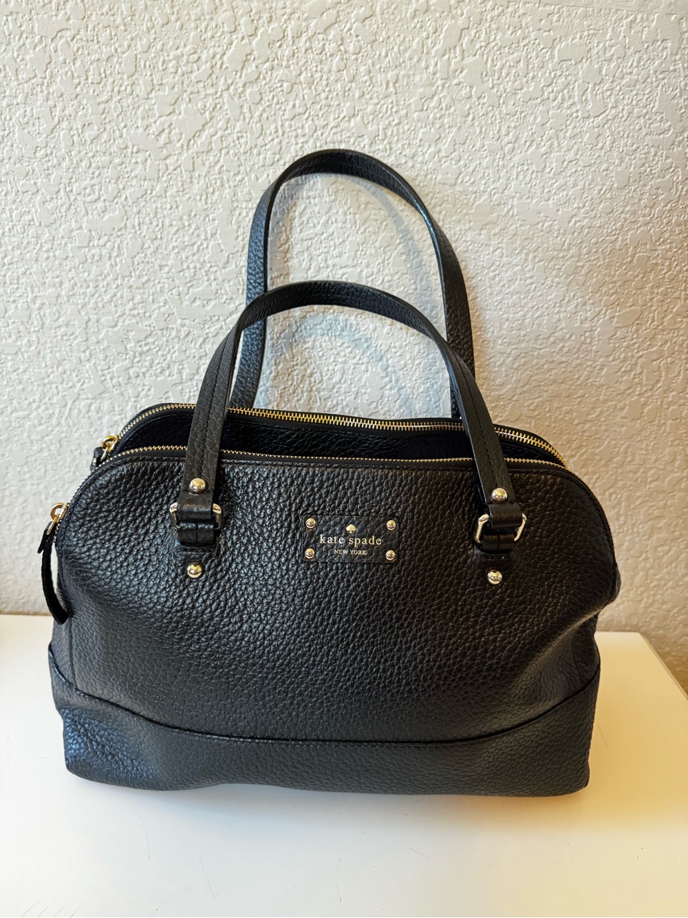 Kate Spade Wellesley Black Pebbled Leather Satchel with Gold Hardware